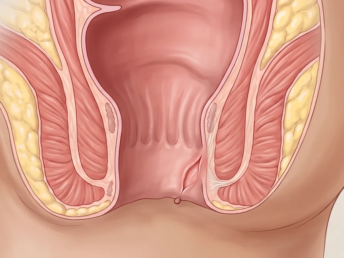 Anal fissür (makat çatlağı): makat kanalının arka duvarındaki ince yırtığı ve altındaki iç sfinkter kasını gösteren anatomik kesit