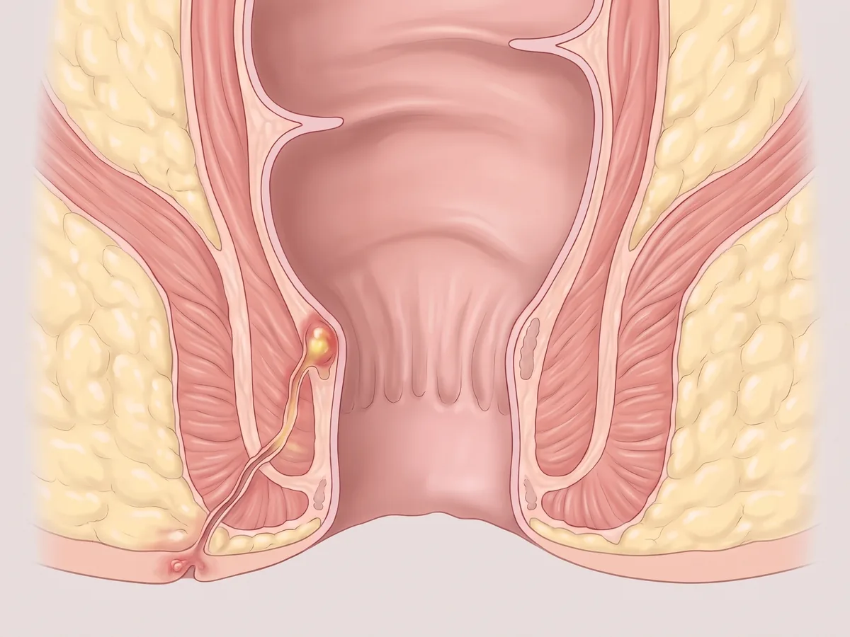 Anal fistül: iltihaplı bir bezden başlayıp sfinkter kaslarının arasından deriye açılan kanalı gösteren anatomik kesit