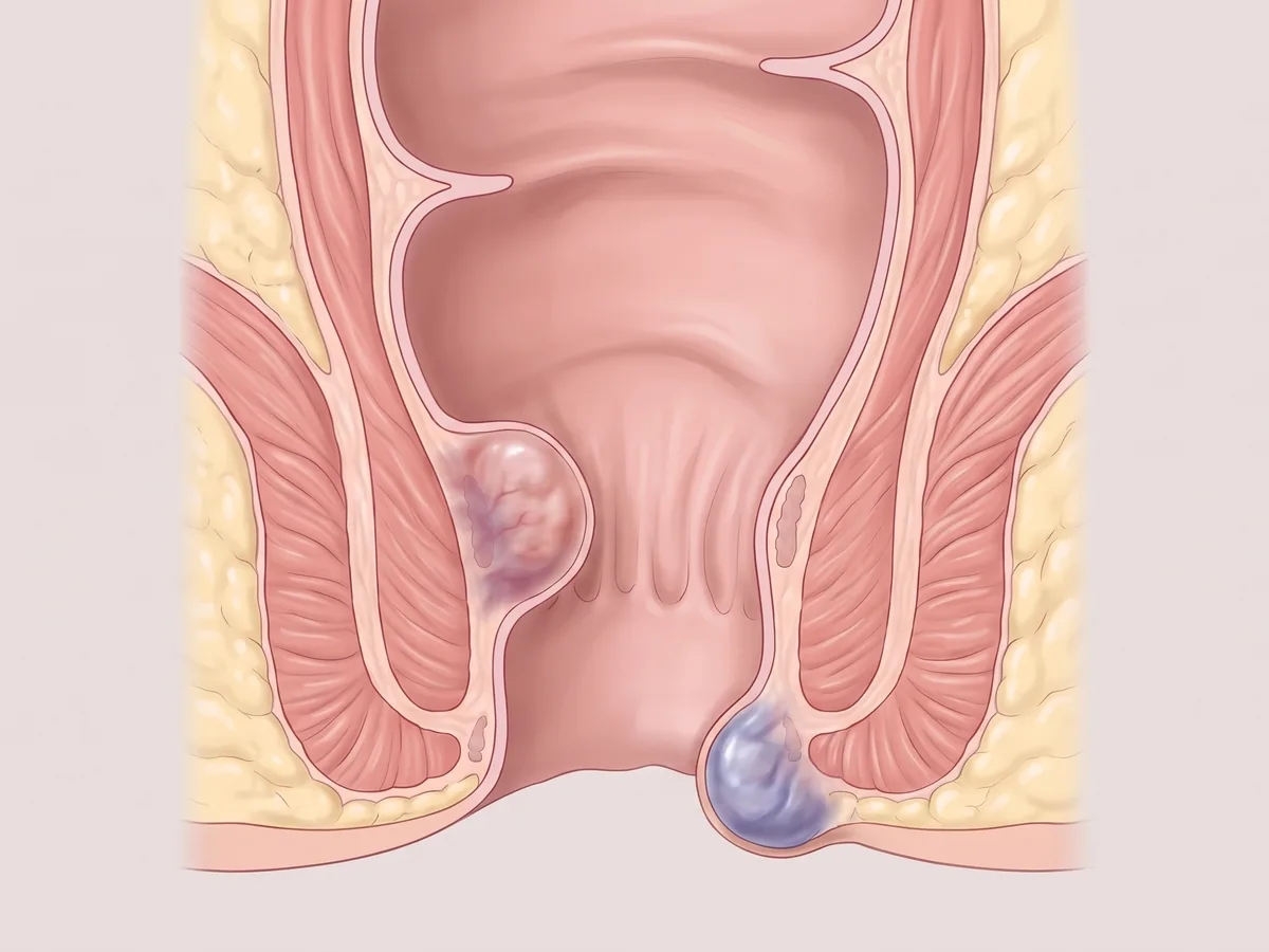 İç ve dış hemoroid: anal kanalın kesitinde solda dentat çizginin üstünde iç hemoroid, sağda makat girişinde deri altında dış hemoroid.