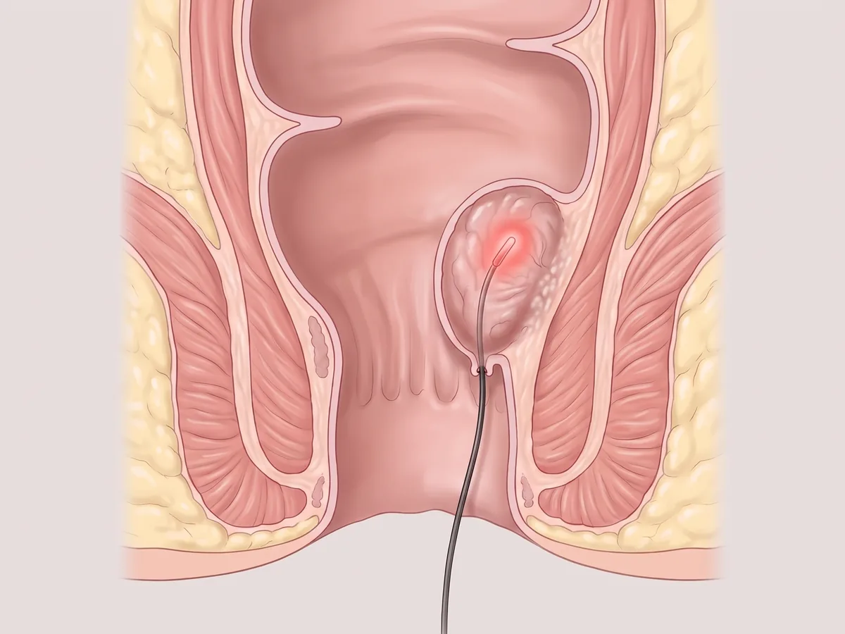 Lazerle hemoroid tedavisi: ince bir lazer fiberinin hemoroid yastıkçığının içine yerleştirildiğini gösteren anatomik kesit