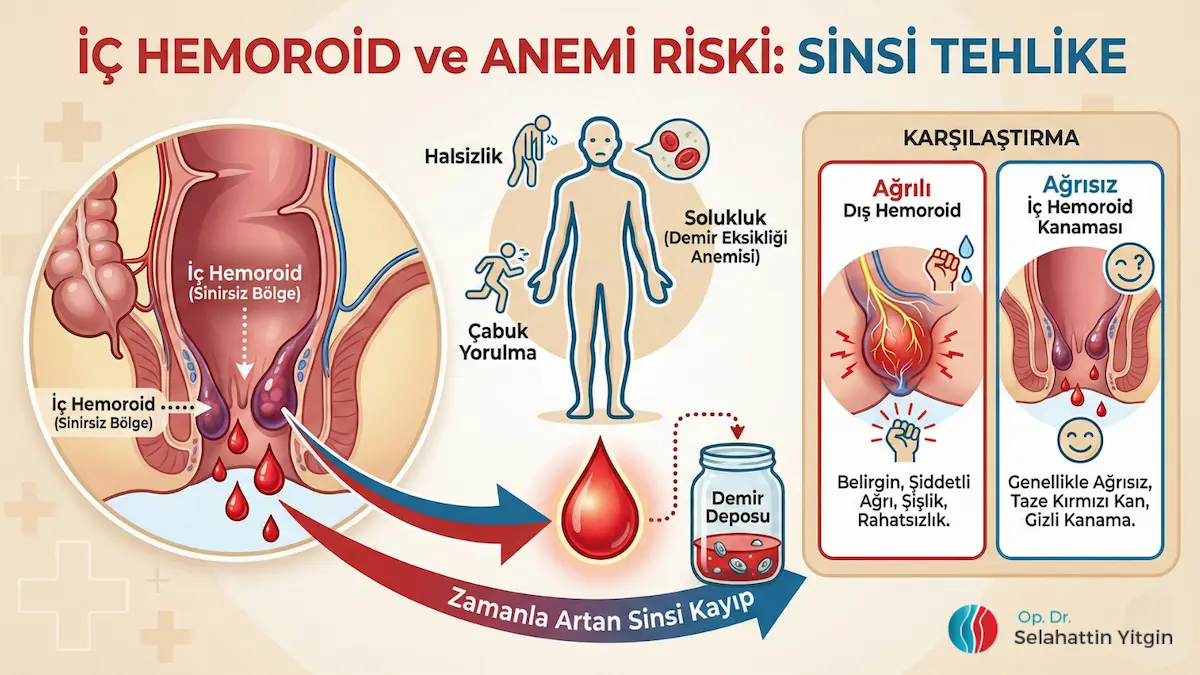 İç hemoroidden kaynaklanan sinsi kanamanın zamanla demir depolarını boşaltarak halsizlik, solukluk ve çabuk yorulma gibi anemi belirtilerine yol açtığını anlatan infografik.
