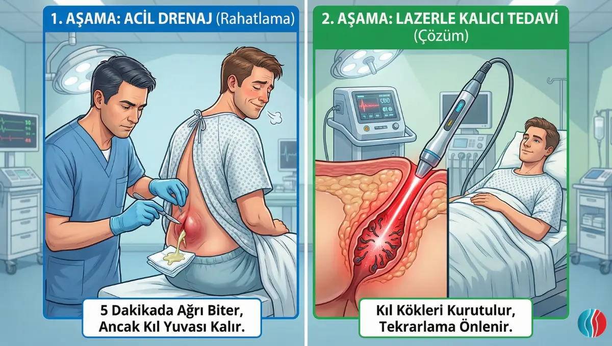 Sol panelde acil apse boşaltma (drenaj) işlemiyle ağrının dindirilmesi, sağ panelde ise lazer yöntemiyle (LHP) kıl köklerinin kurutularak kalıcı tedavi sağlanması gösterilmektedir.
