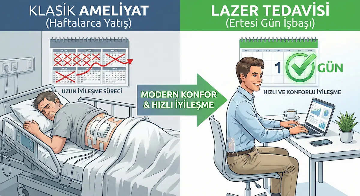 Klasik kıl dönmesi ameliyatının haftalar süren zorlu iyileşme süreci ile lazerle tedavinin ertesi gün işe dönüş konforunu gösteren karşılaştırmalı infografik.