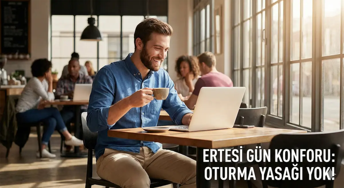 Lazerle kıl dönmesi tedavisi olduktan bir gün sonra kafede bilgisayar başında rahatça oturan ve çalışan mutlu bir hasta.