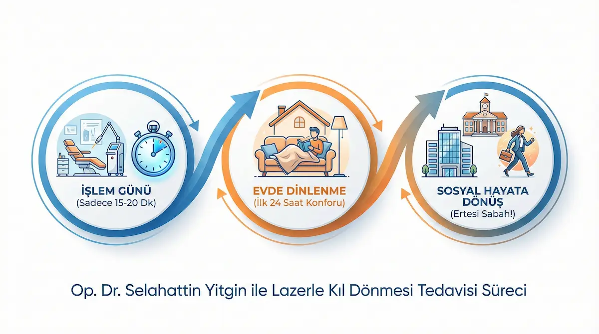 İşlem günü 15-20 dakika, ilk 24 saat ev istirahati ve ertesi gün sosyal hayata dönüşü simgeleyen lazerle kıl dönmesi tedavisi zaman çizelgesi.