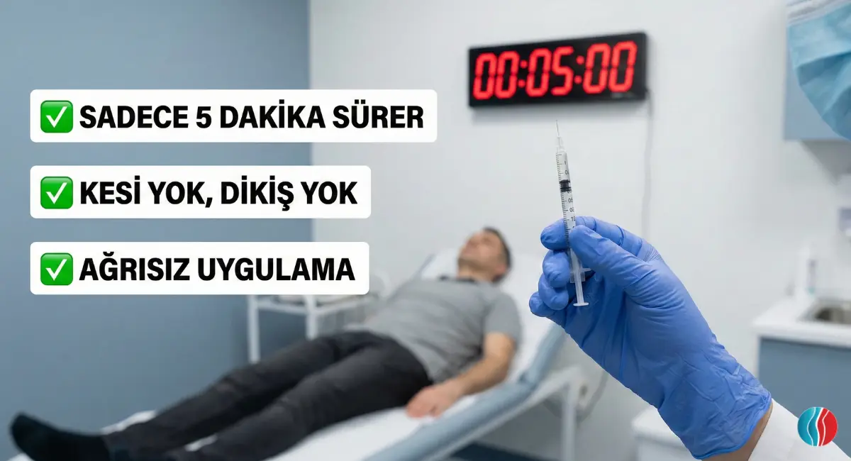 Ameliyatsız makat çatlağı tedavisinde kullanılan ince uçlu botox iğnesi ve işlemin sadece 5 dakika sürdüğünü gösteren klinik görseli.