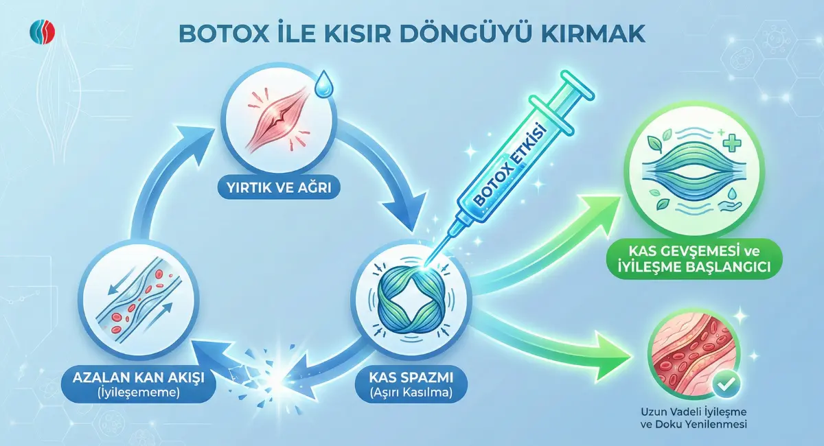 Makat çatlağında ağrı ve kas spazmı döngüsünü kıran botox tedavisinin etki mekanizmasını gösteren şema.