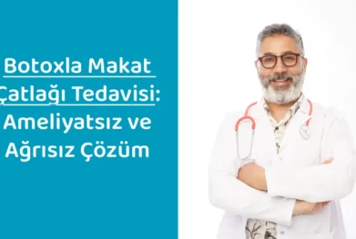 Proktoloji Uzmanı Op. Dr. Selahattin Yitgin ve yanında botoxla makat çatlağı tedavisinin ameliyatsız ve ağrısız olduğunu belirten bilgilendirici metin.