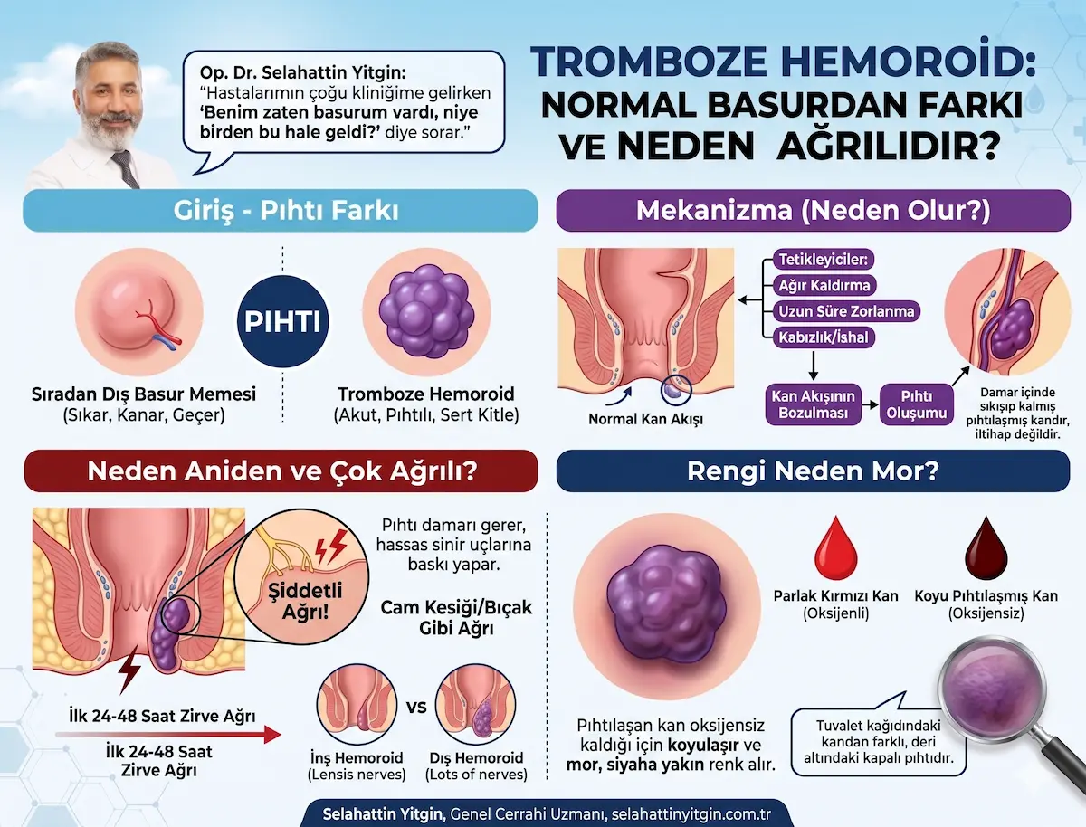 Tromboze hemoroid ile normal basur memesinin farkı, kan pıhtısı mekanizması ve mor renk nedenini gösteren infografik